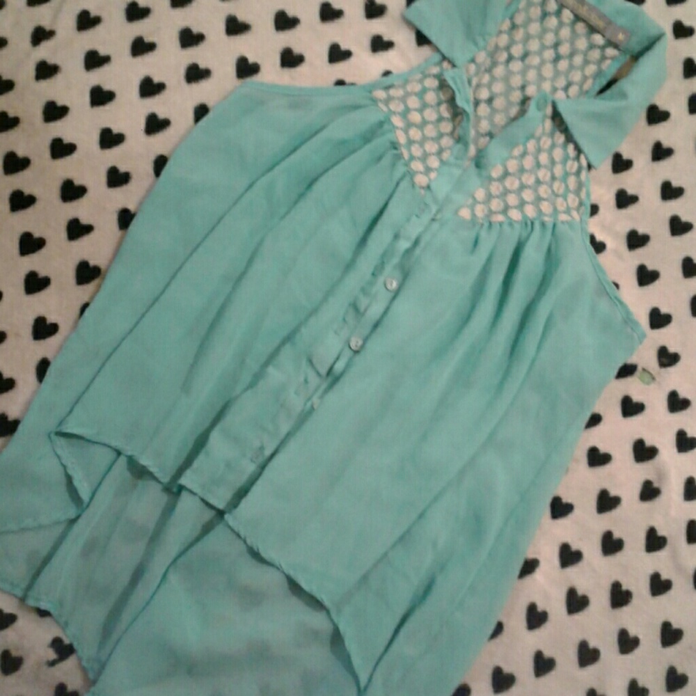 Teal sheer razor back hi-low tank top